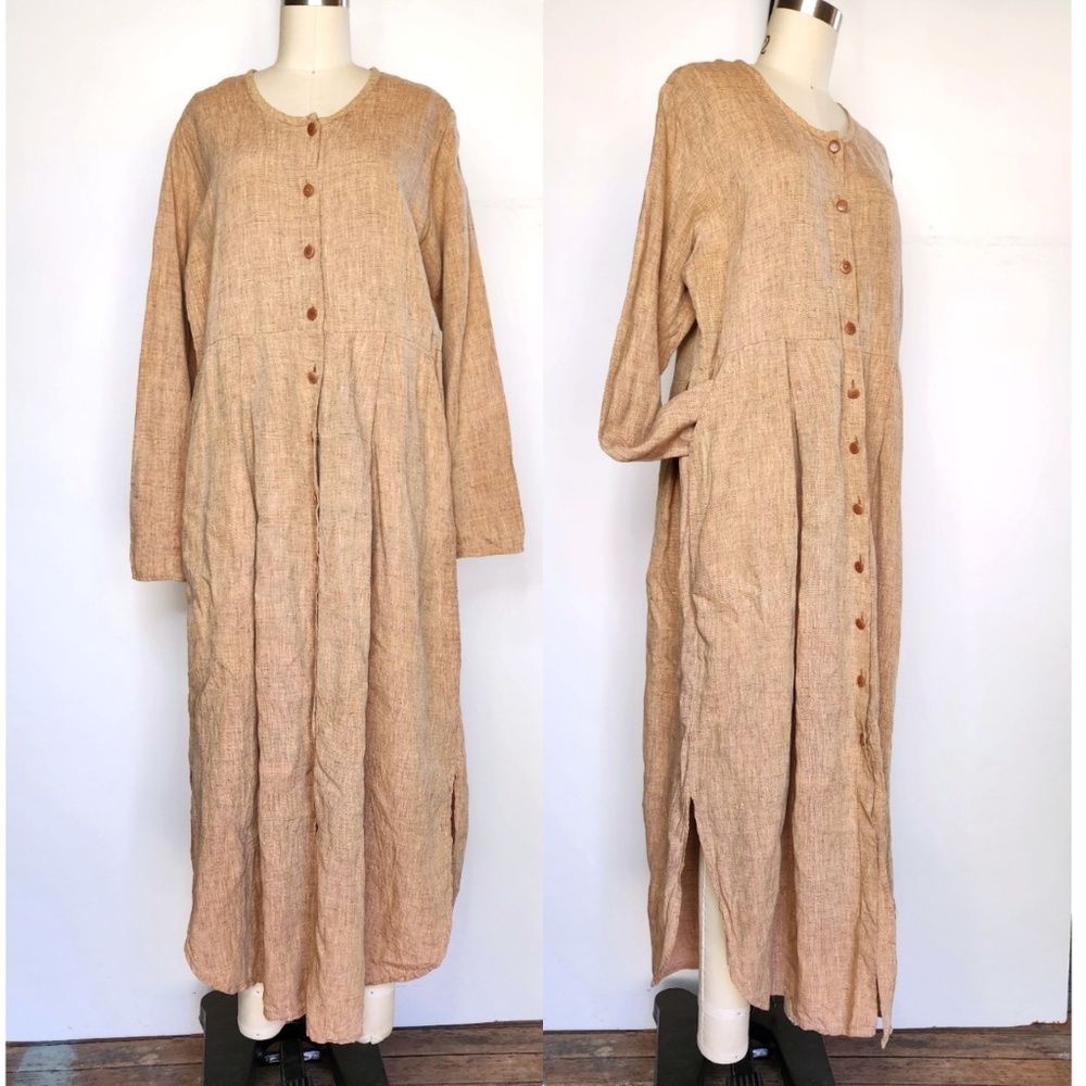 Vintage FLAX by Angelheart Linen Dress Earth Color Long Maxi Oversized Pockets S